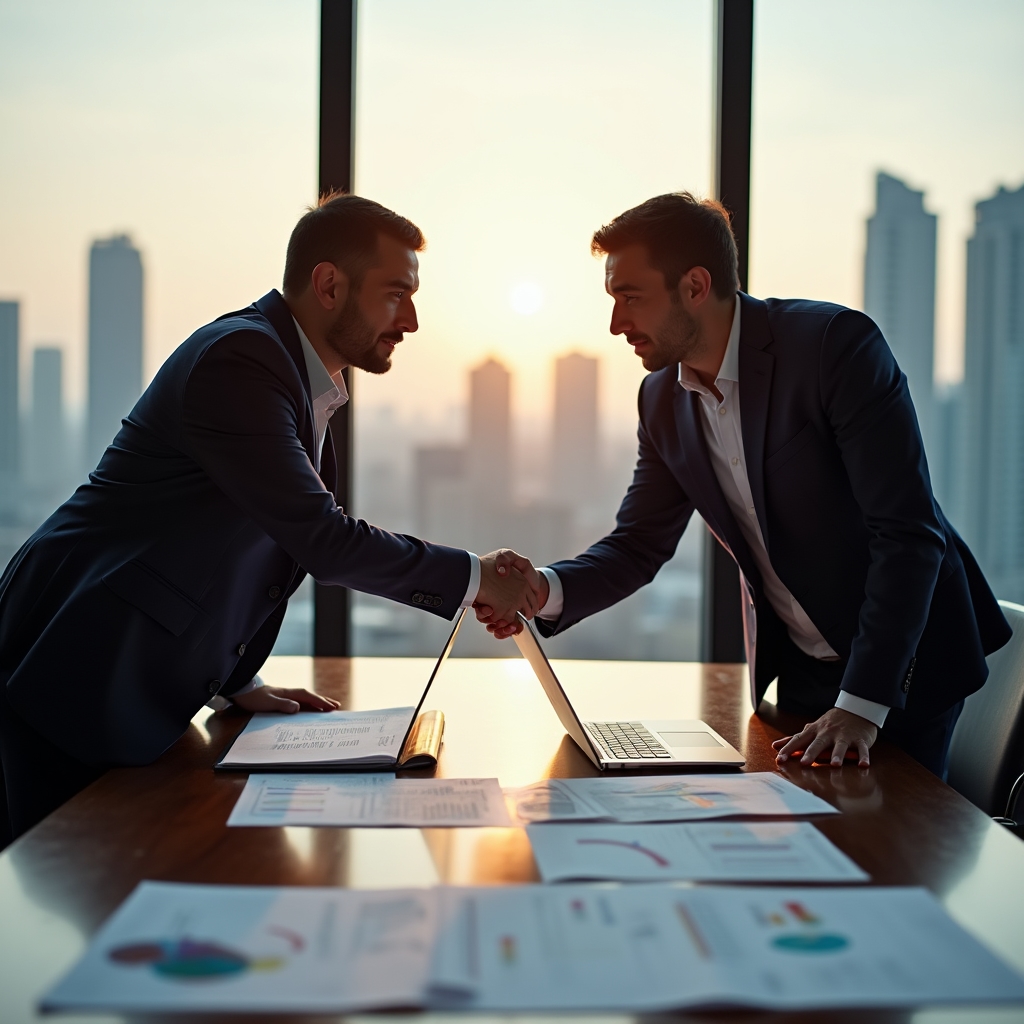 Партнёры обсуждают финансовые документы за переговорным столом